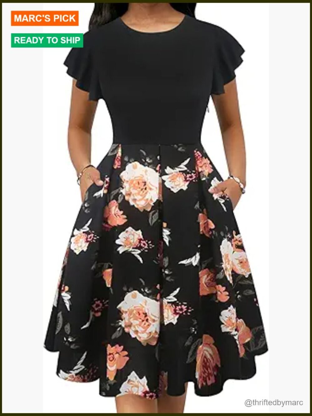 Flounce Sleeve Fit & Flare Dress with Pockets